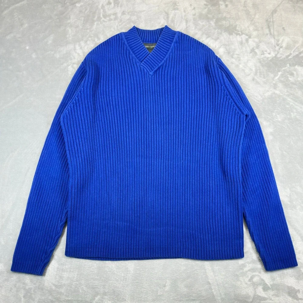 Banana Republic Sweater Mens L Blue Vintage Ribbed Knit V-Neck Cotton 249860-F00